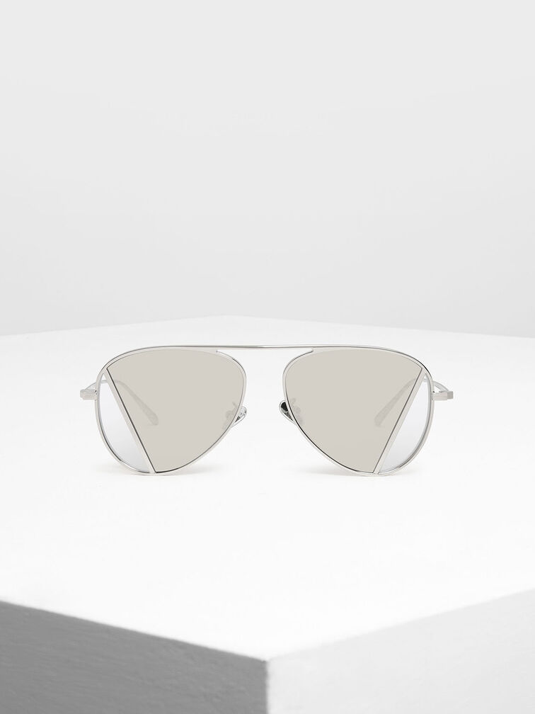 Two-Tone Aviator Sunglasses, Silver, hi-res