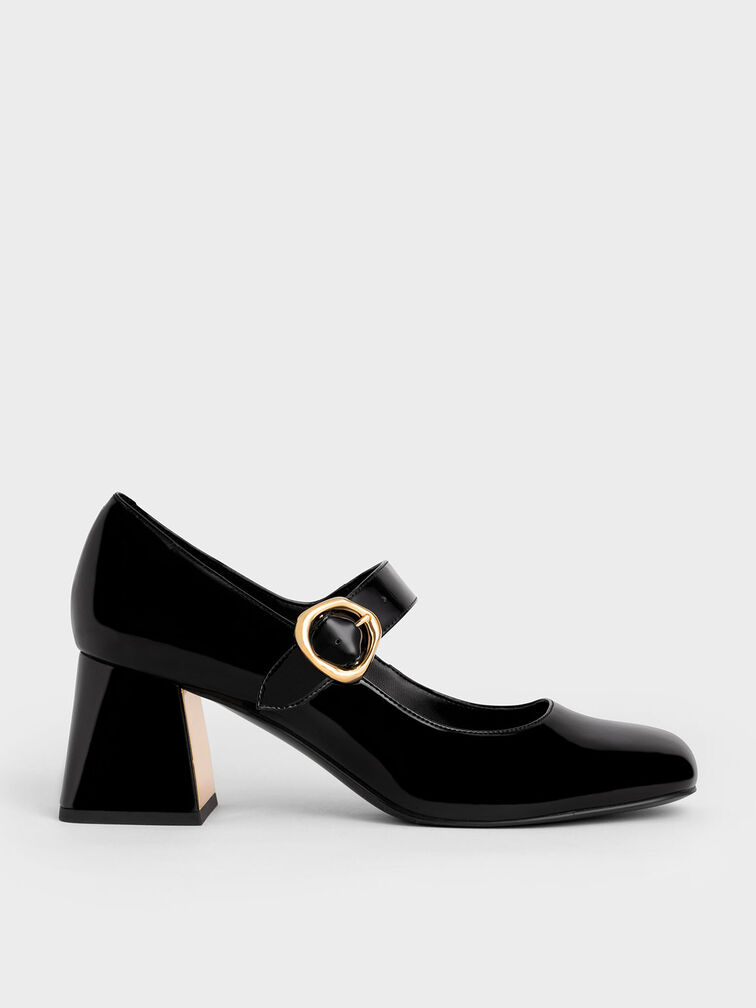 Patent Buckled Mary Jane Pumps, Black, hi-res