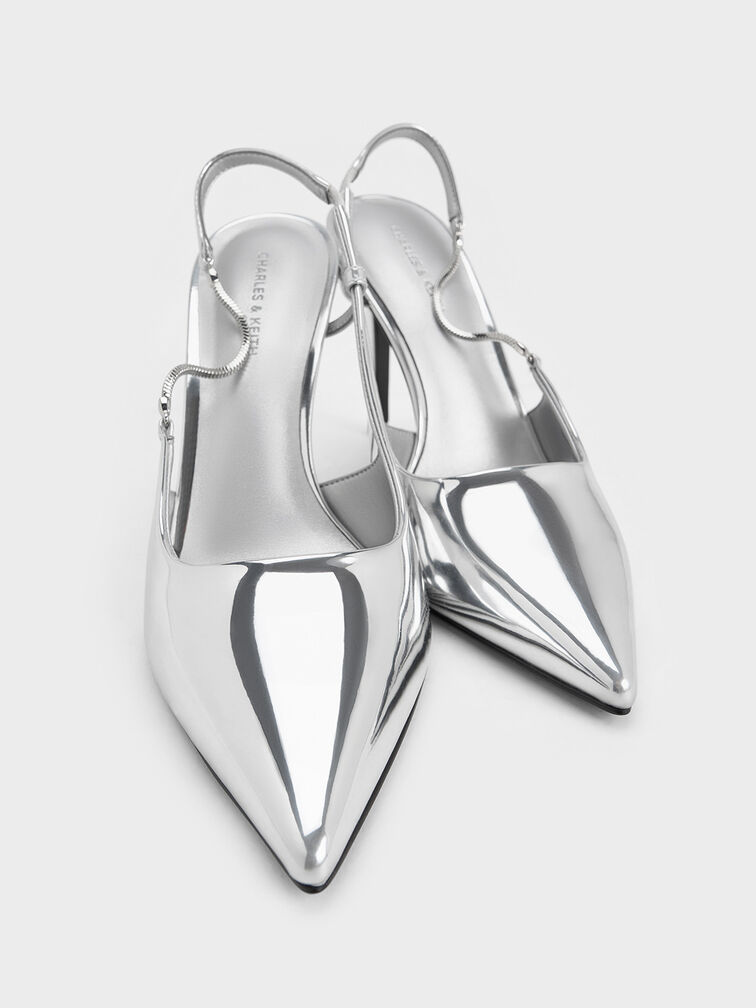 Zapatos destalonados metálicos con correa de cadena, Plateado, hi-res