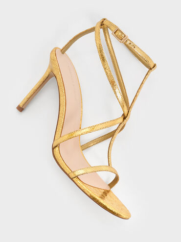 Metallic Crinkle-Effect Strappy Stiletto-Heel Sandals, Dorado, hi-res