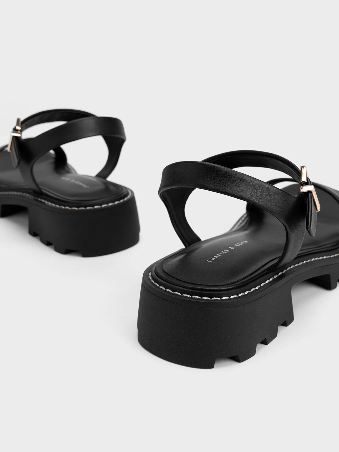 Stitch-Trim Buckled Sandals, Black, hi-res