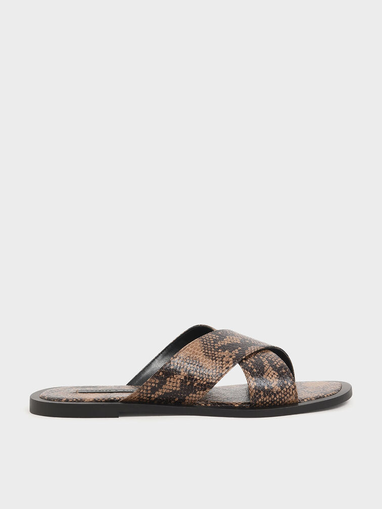 Snake Print Criss Cross Slide Sandals, Brown, hi-res