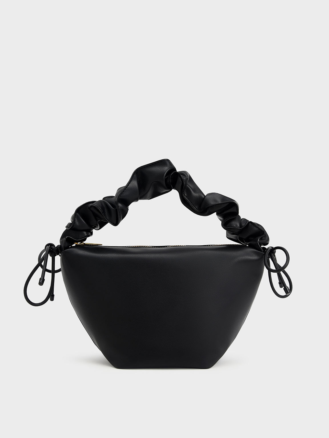 Ruched Handle Hobo Bag, Black, hi-res
