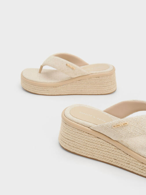 Linen Espadrille Thong Sandals, Beige, hi-res