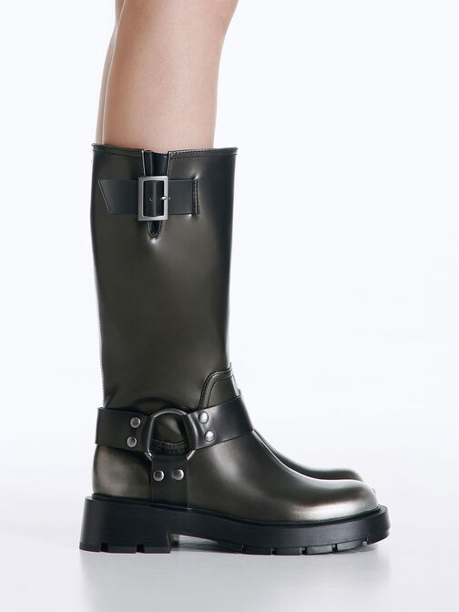 Metallic Buckled Knee-High Boots, Silver, hi-res