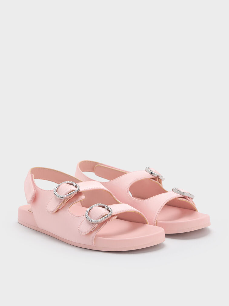 Girls' Satin Crystal-Buckle Double-Strap Slingback Sandals, Light Pink, hi-res