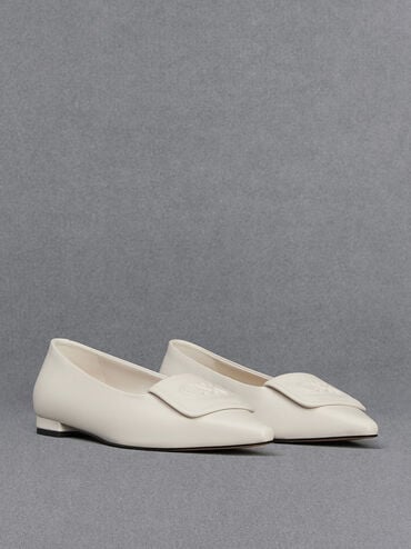 Leather Pointed-Toe Flats, White, hi-res
