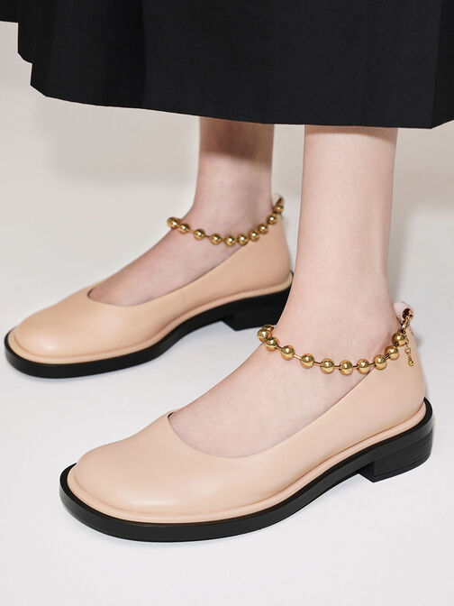 Beaded Ankle-Strap Leather Ballerinas, Sand, hi-res