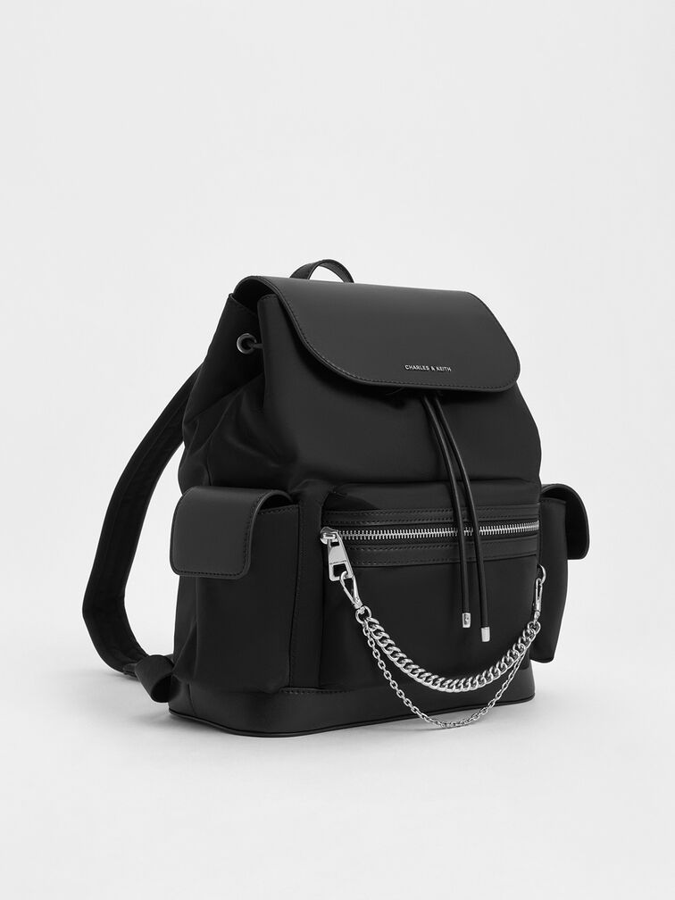 Noir Nylon Puffy Chain-Link Backpack - CHARLES & KEITH PA