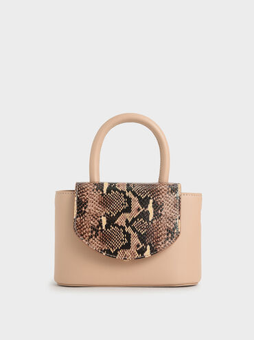 Snake Print Leather Cylinder Bag, Pink, hi-res
