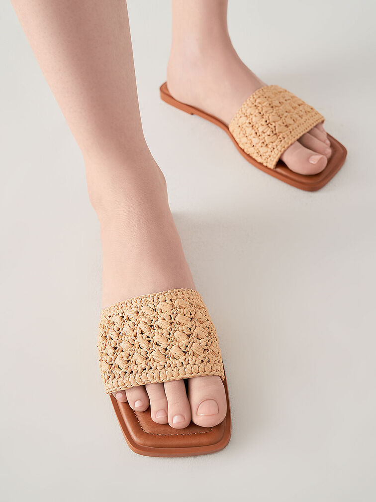 Raffia Slide Sandals, Brown, hi-res