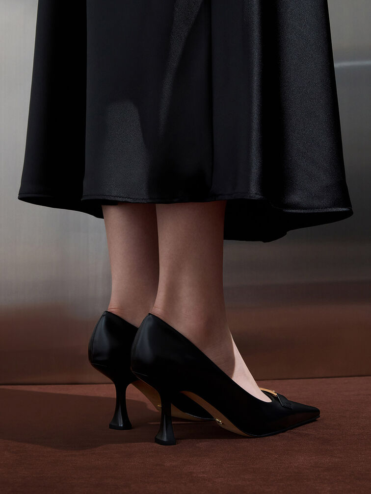 Leather Sculptural-Heel Square-Toe Pumps, Black Box, hi-res