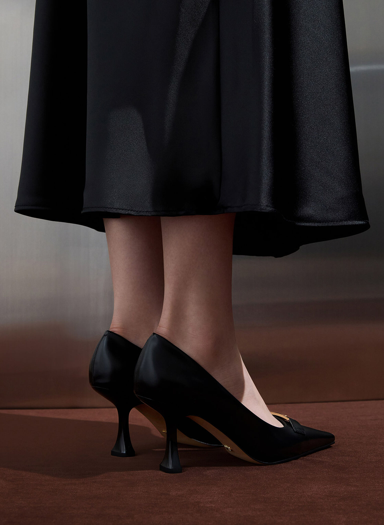 Leather Sculptural-Heel Square-Toe Pumps, Black Box, hi-res