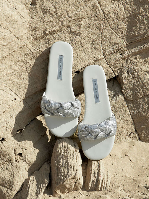 Gem-Embellished Braided Strap Slides, Cream, hi-res