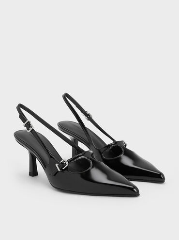T-Bar Pointed-Toe Slingback Pumps, Negro pulido, hi-res
