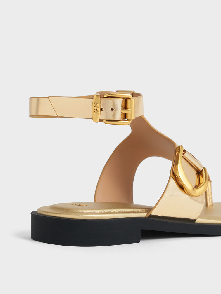 Gabine Metallic Leather Ankle-Strap Thong Sandals, Dorado, hi-res