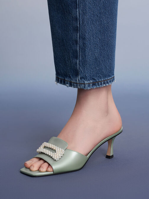 真皮珍珠釦細跟拖鞋, 綠色, hi-res