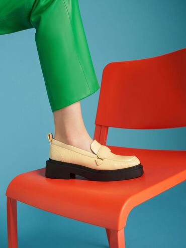 Croc-Effect Platform Penny Loafers, Animal Print Yellow, hi-res
