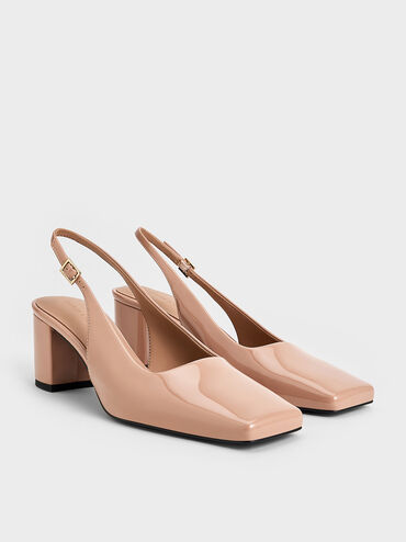 Patent Square-Toe Slingback Pumps, Nude, hi-res