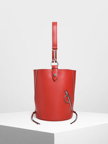 Ring Zip Pocket Geometric Bucket Bag, Red, hi-res