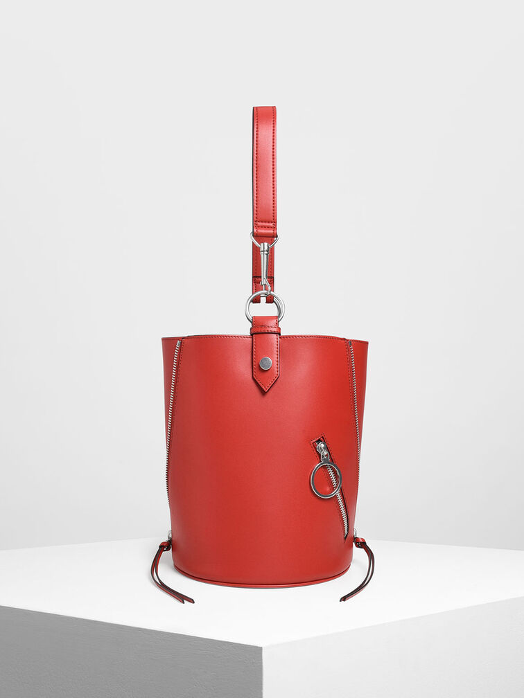 Ring Zip Pocket Geometric Bucket Bag, Red, hi-res