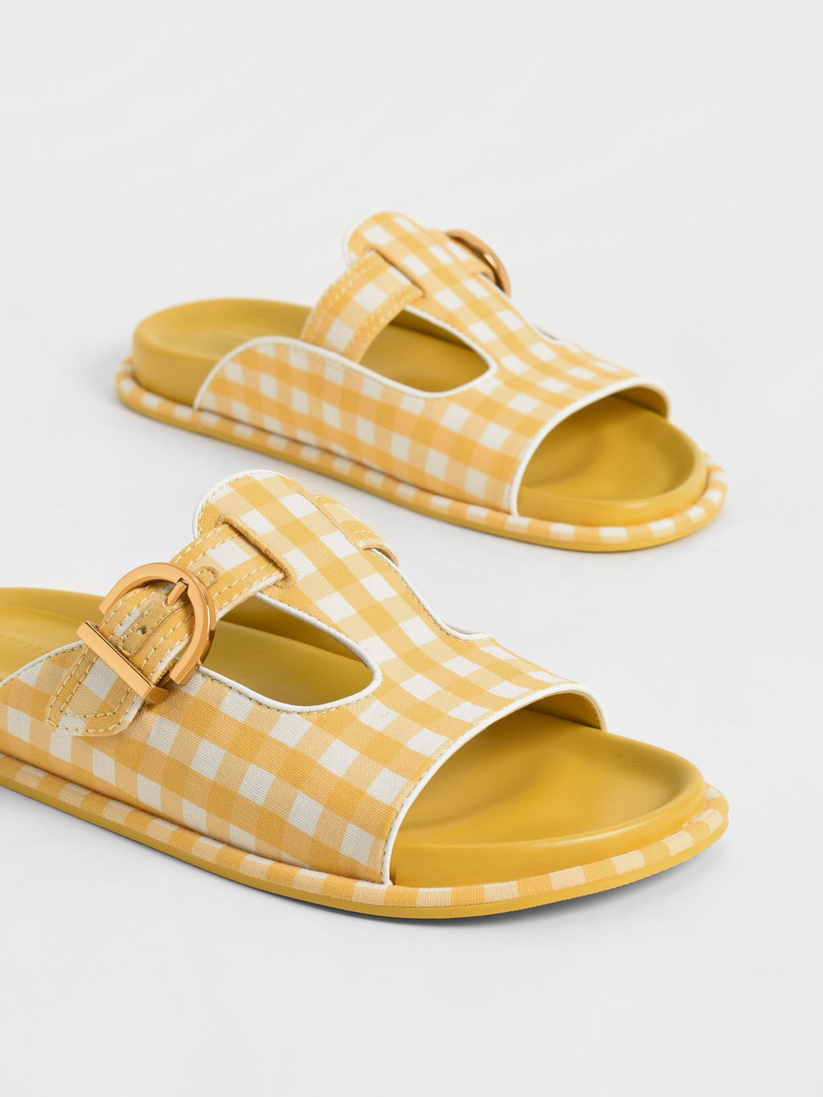 Cut-Out Linen Gingham-Print Buckled Slides, Yellow, hi-res