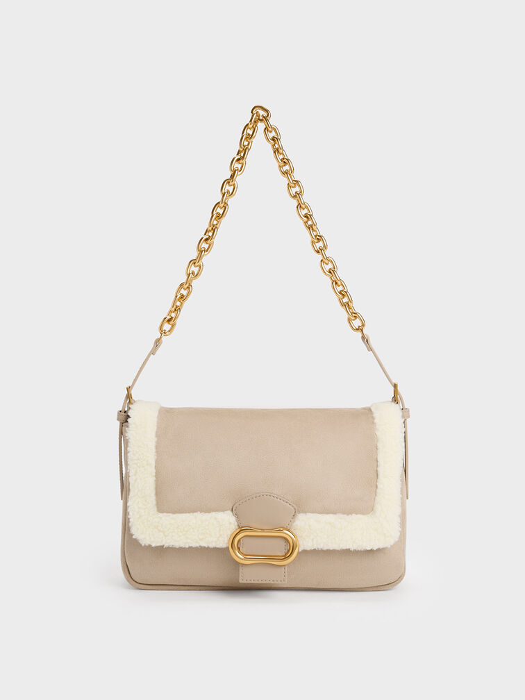 Daki Fur-Trim Belted Trapeze Bag, Beige, hi-res