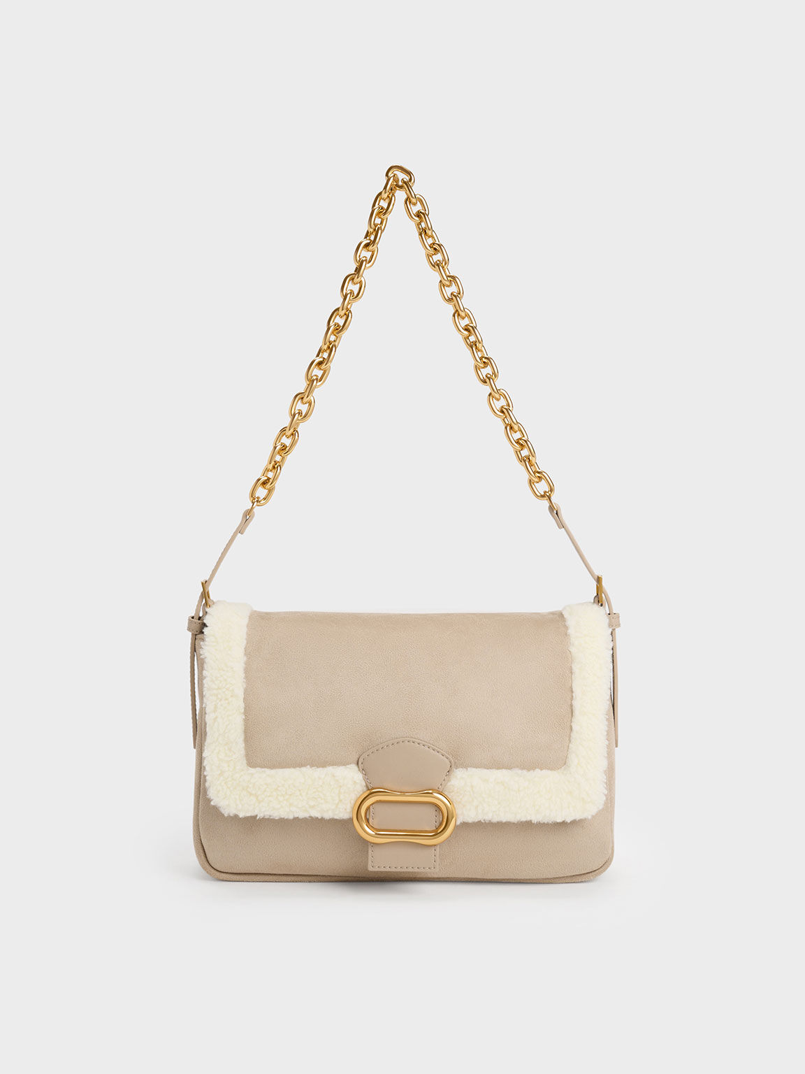 Daki Fur-Trim Belted Trapeze Bag, Beige, hi-res