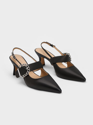 Chain-Buckled Leather Slingback Pumps, Black, hi-res