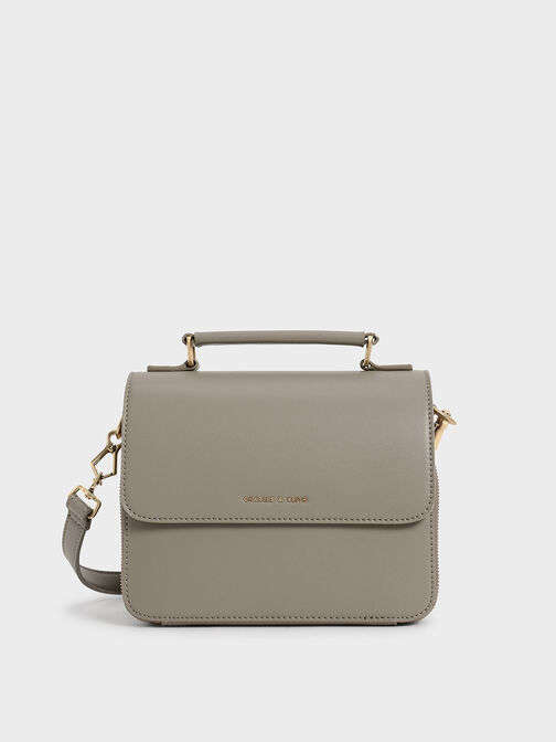 Front Flap Top Handle Crossbody Bag, Taupe, hi-res