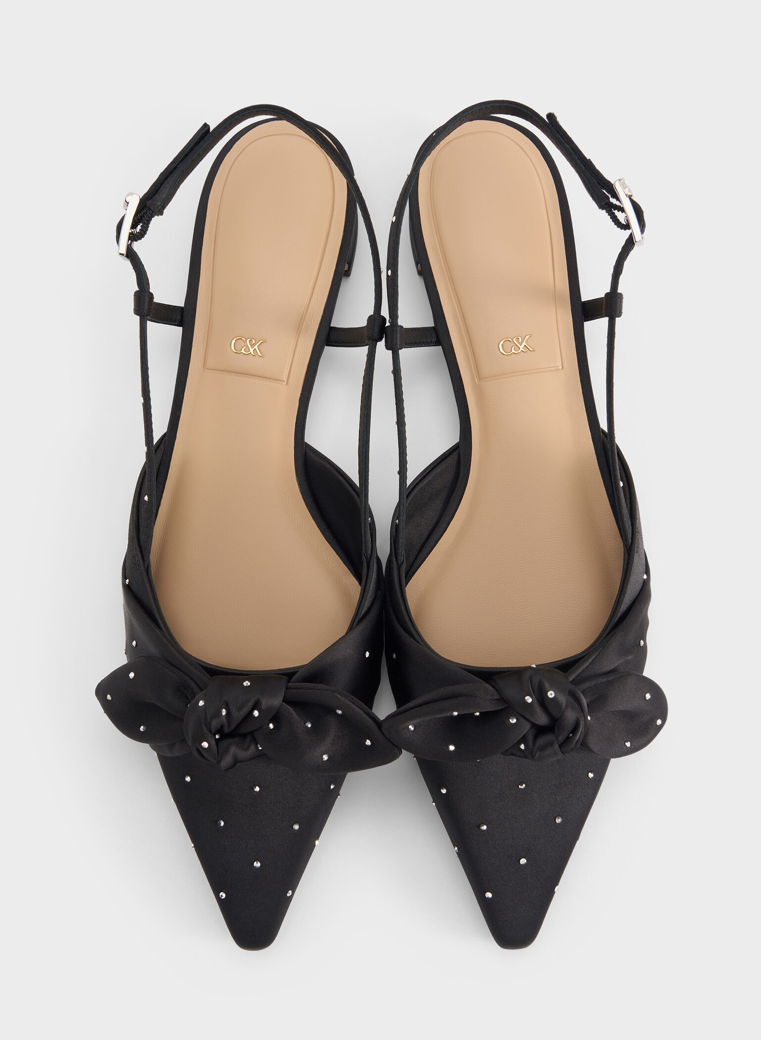 Jayce Dotted Knot-Bow Slingback Flats, Black Textured, hi-res