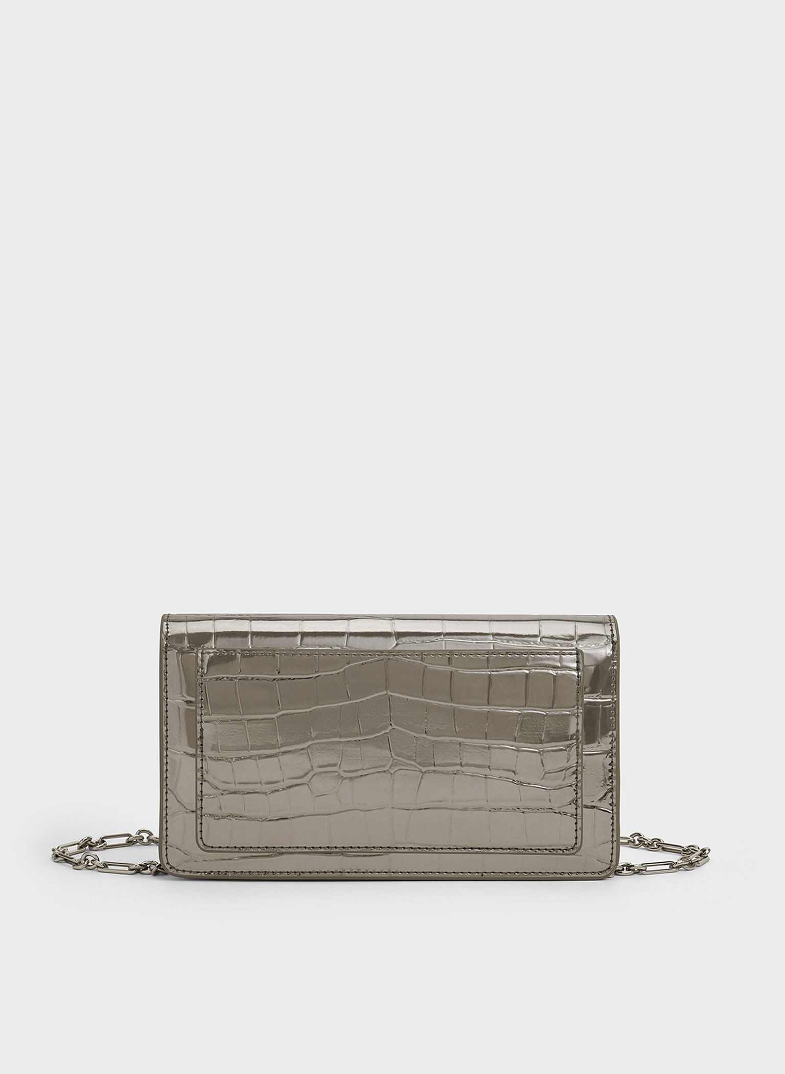 Samantha Metallic Croc-Effect Chain-Embellished Crossbody Bag, Pewter, hi-res