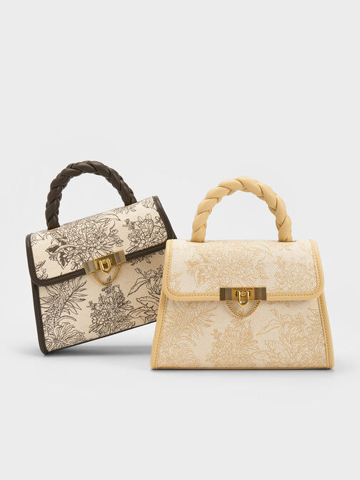 Floral Illustrated Trapeze Bag, Beige, hi-res