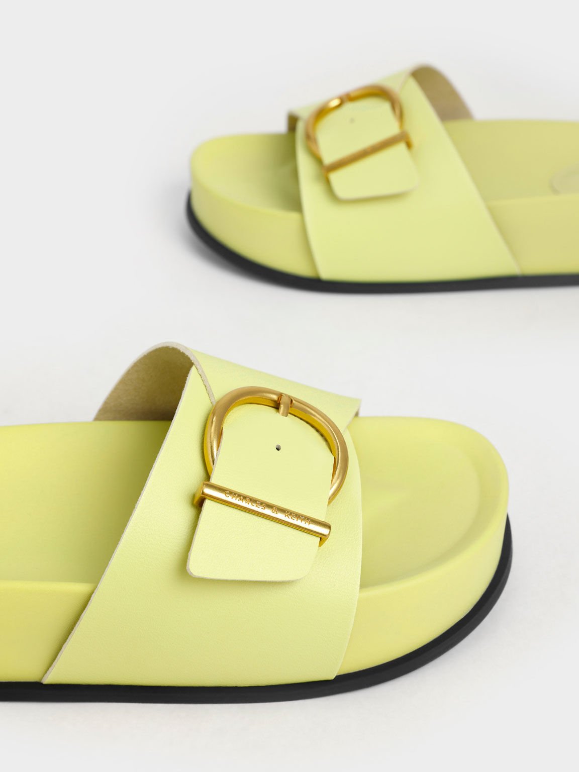 Metallic Buckle Flatform Sandals, Yellow, hi-res
