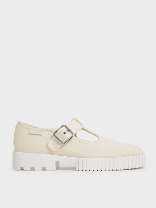 Cotton Buckled Sneakers, Cream, hi-res