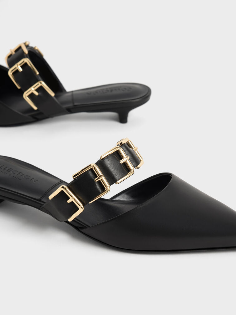 Buckled Leather Kitten Heel Mules, Black, hi-res