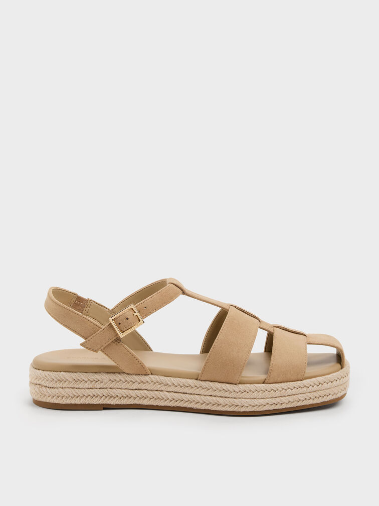 Faux Suede Caged Flatform Espadrille Sandals, Sand, hi-res