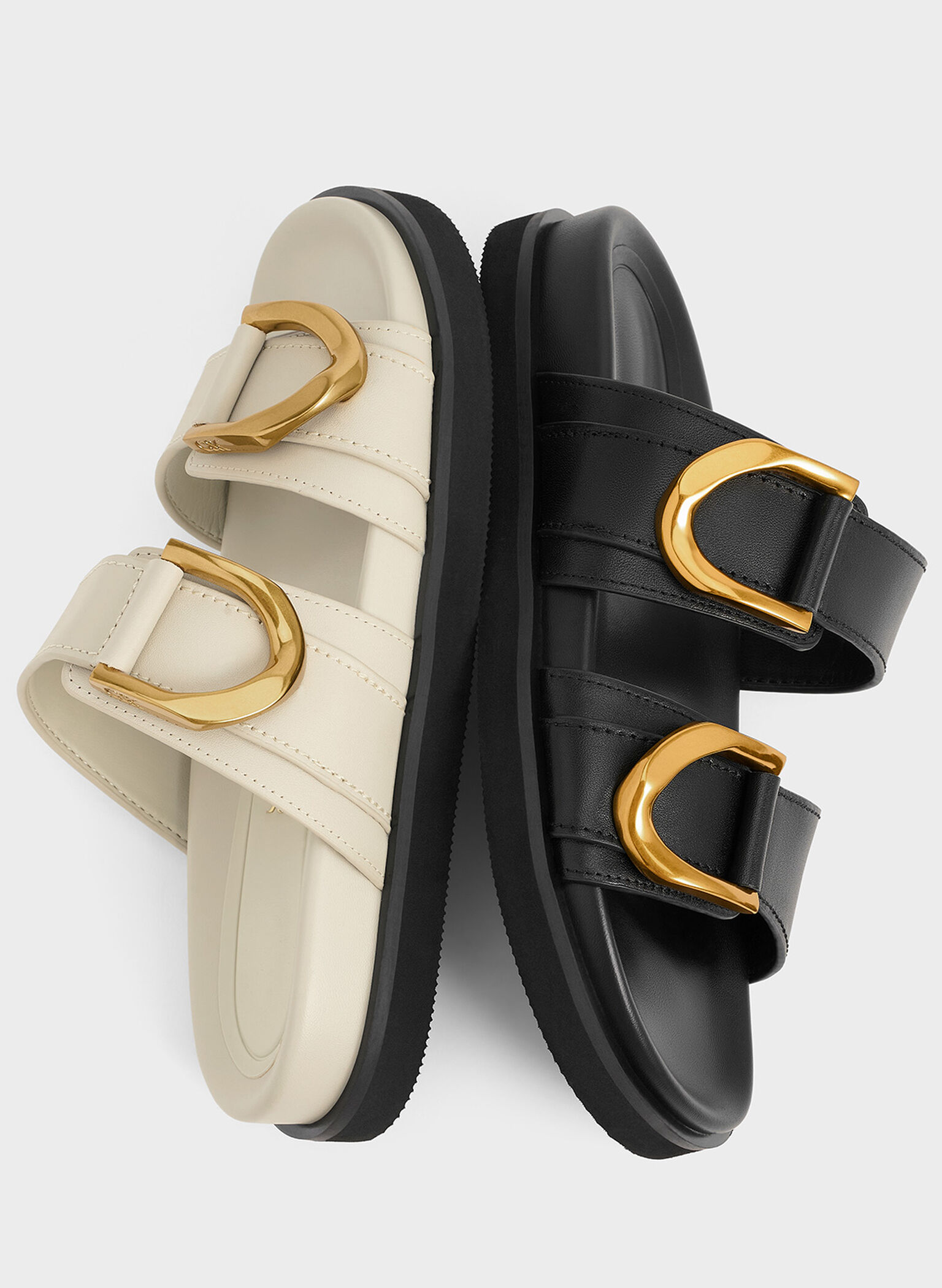 Gabine Buckled Leather Slides, Black, hi-res