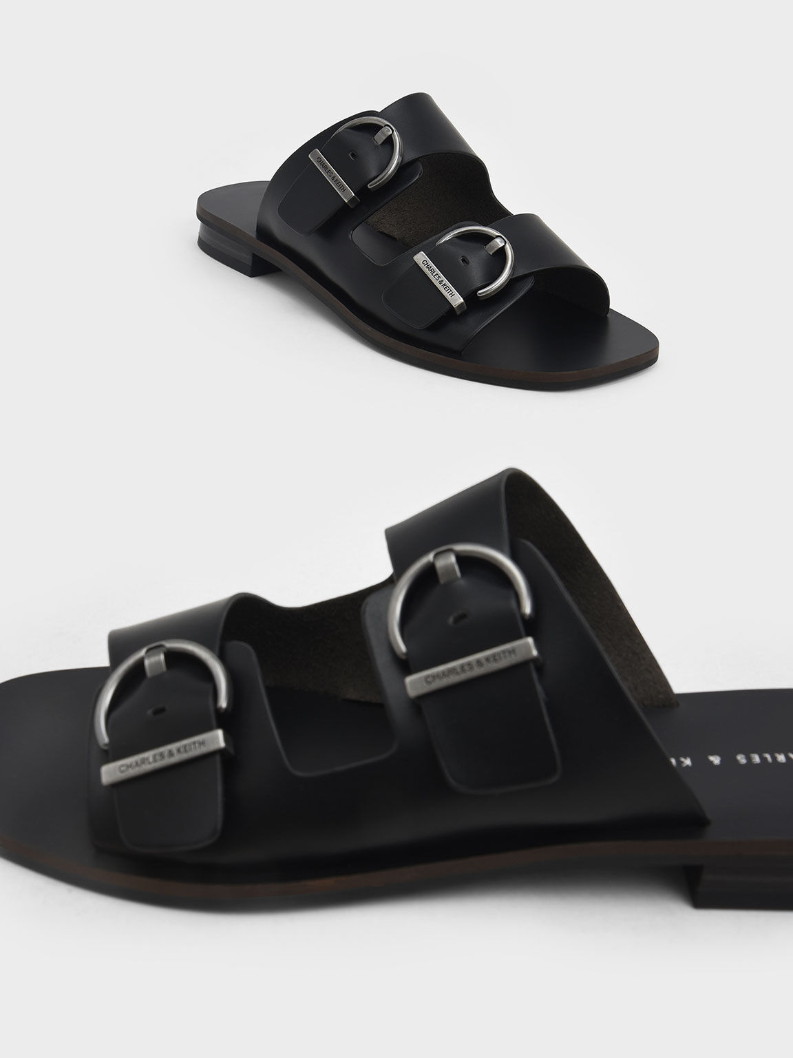 Double Buckle Strap Slide Sandals, Black, hi-res