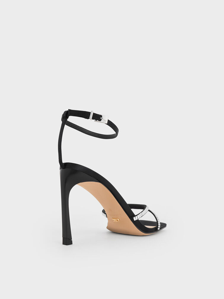 Recycled Polyester Crystal-Embellished Ankle-Strap Sandals, Black Textured, hi-res