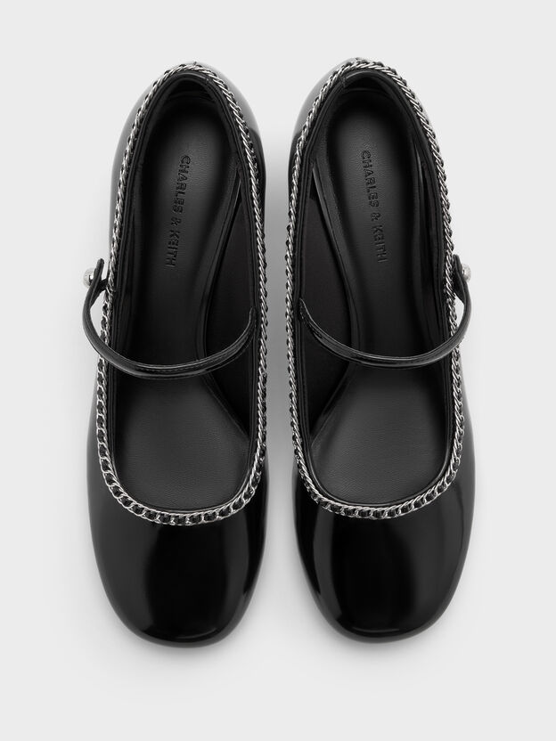 Zapatos de sal&oacute;n tipo mercedita con tac&oacute;n cuadrado y detalle de cadena trenzada, Negro pulido, hi-res