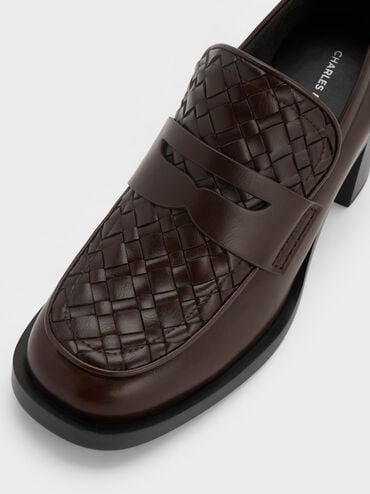 Woven-Detail Penny Loafer Block-Heel Pumps, Dark Brown, hi-res