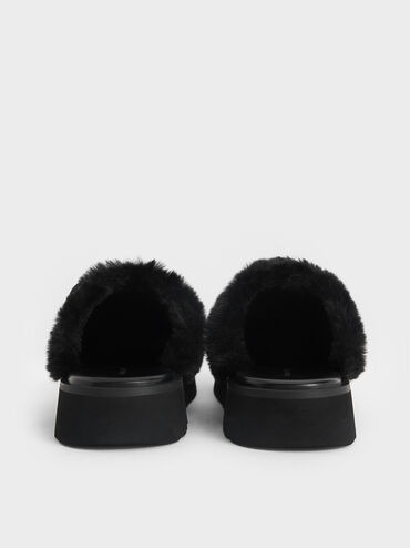 Mules texturizados Hannah con hebilla y ribete de pelo, Negro, hi-res