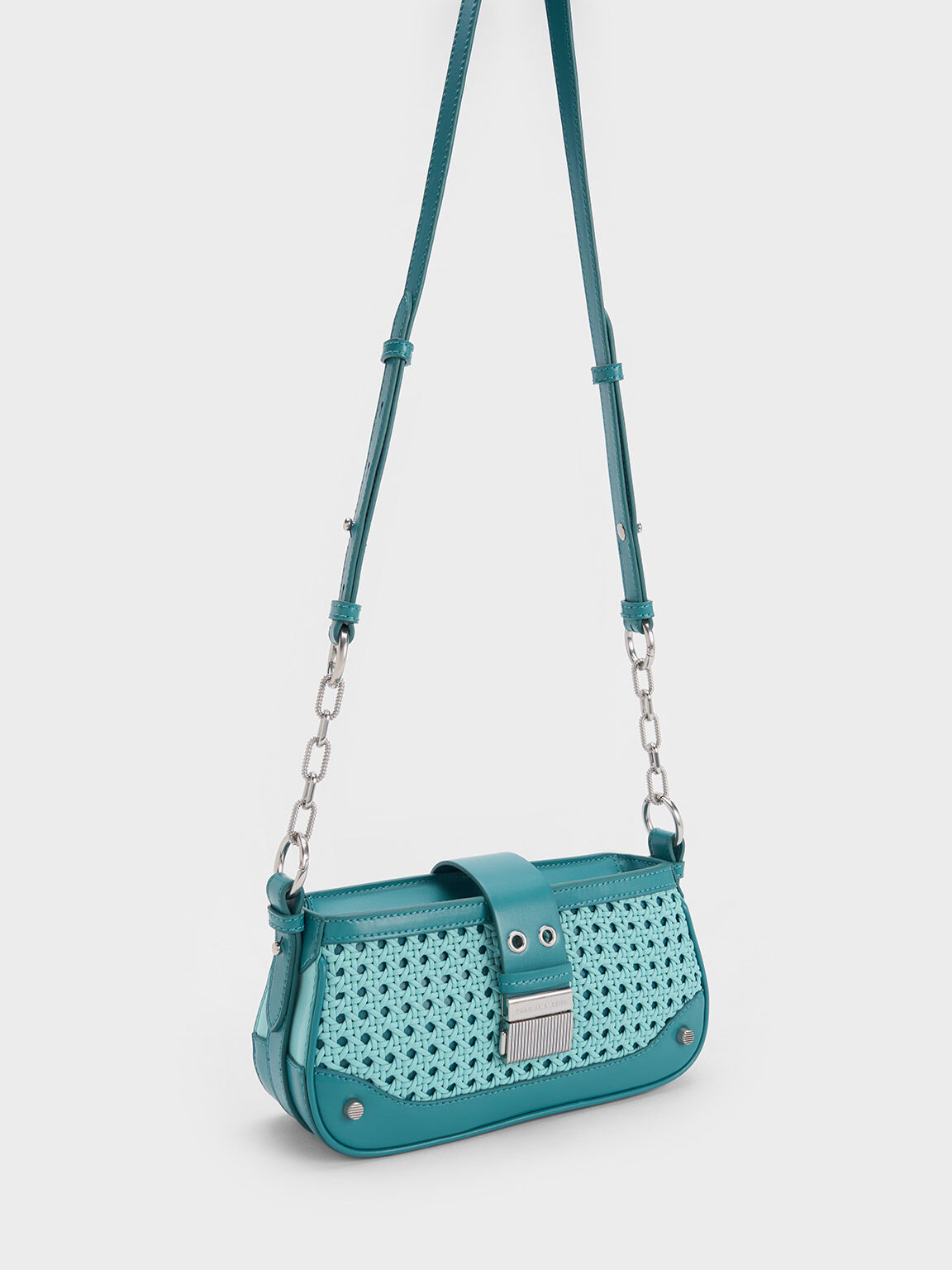 Winslet Woven Belted Shoulder Bag, Turquoise, hi-res