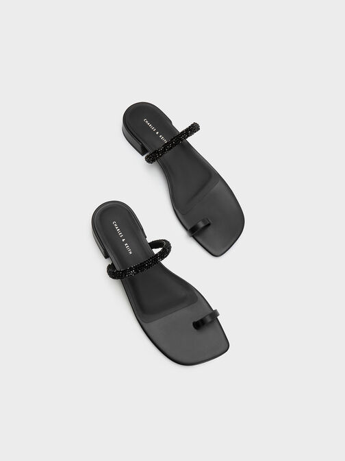 Beaded Toe-Ring Sandals, Black, hi-res