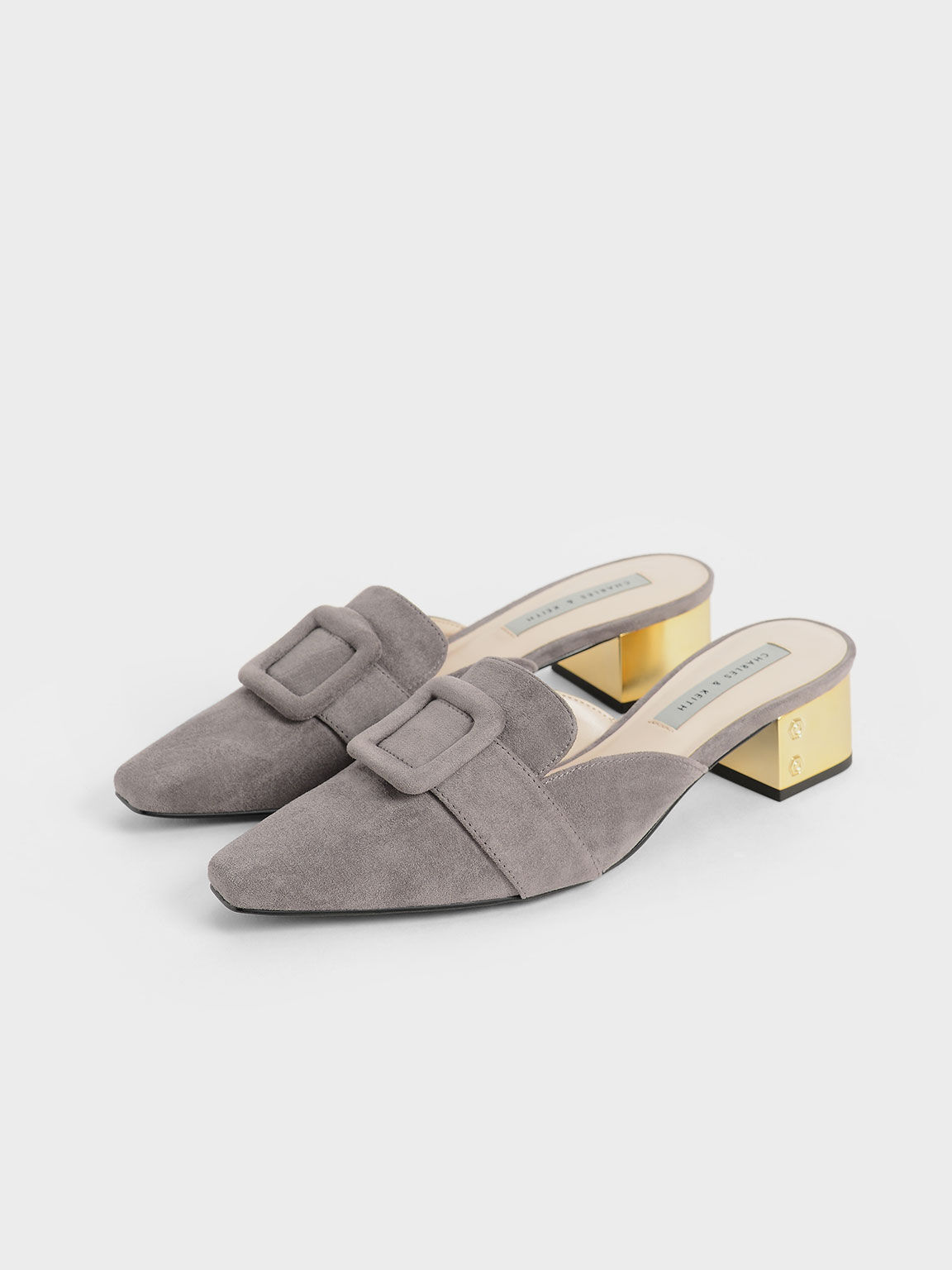 Textured Buckled Mules, Grey, hi-res