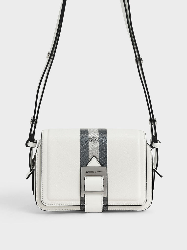 Buckle Strap Snake Print Shoulder Bag, White, hi-res