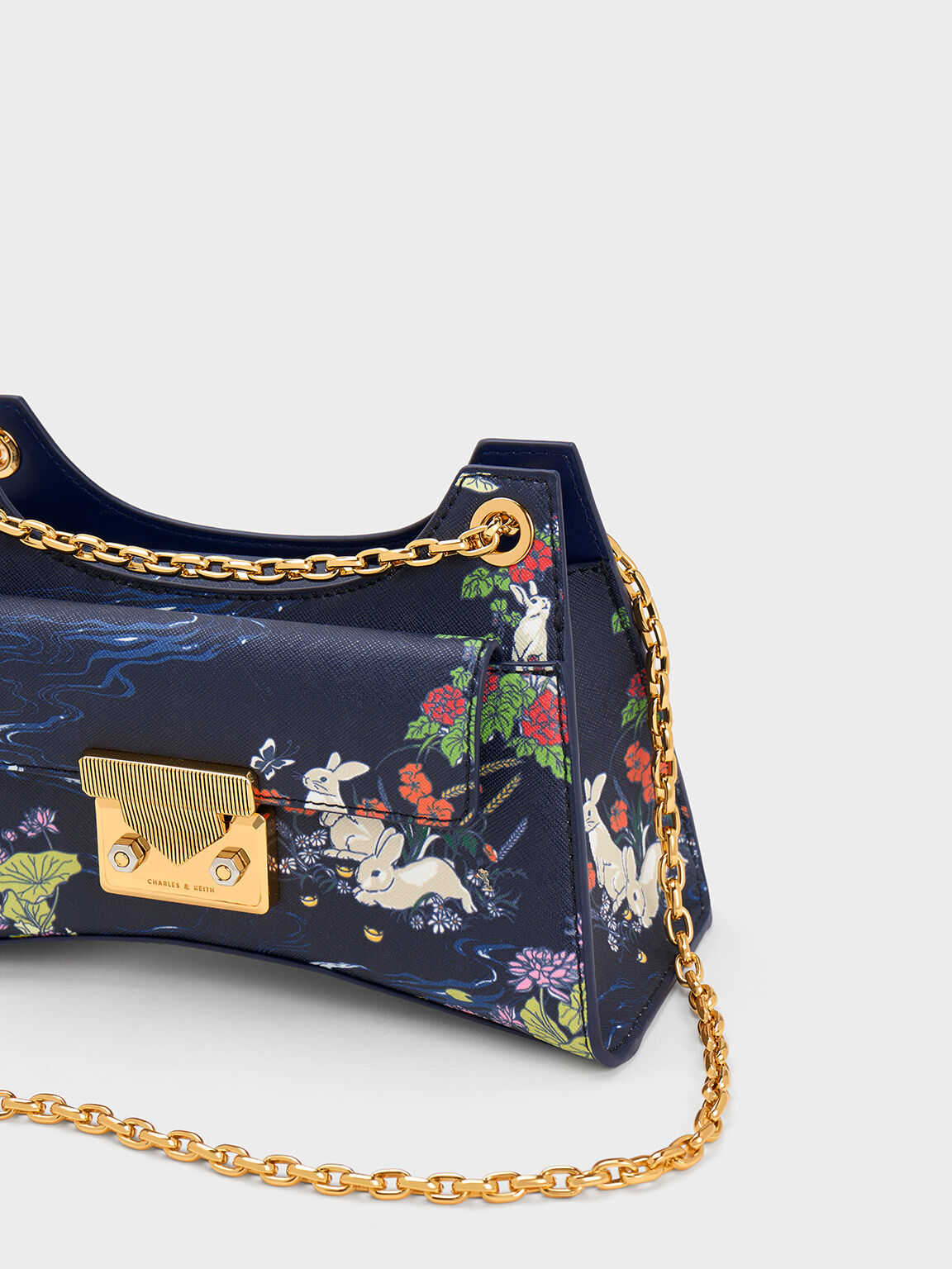 Rabbit Illustrated Chain Handle Bag, Navy, hi-res