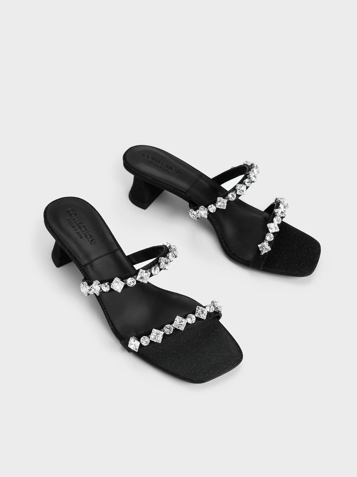 Glittered Gem-Encrusted Sculptural Heel Mules, Black, hi-res
