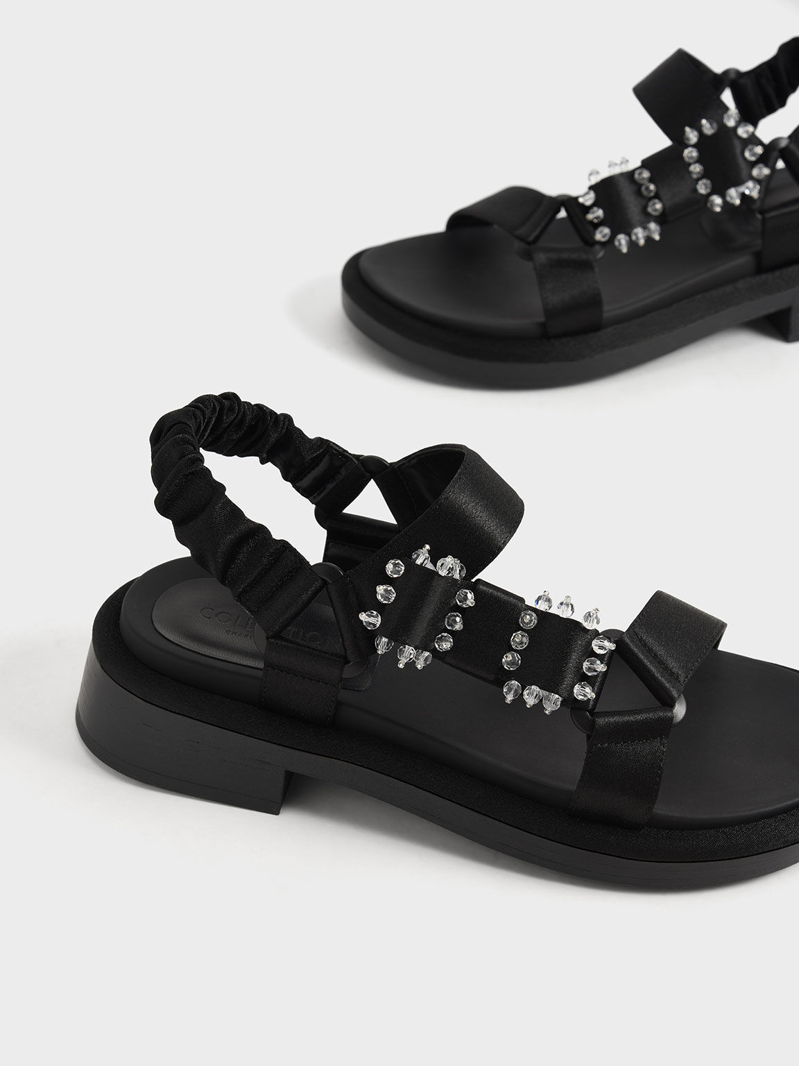 Miko Gem-Embellished Satin Sandals, Black, hi-res